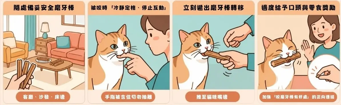 示範以磨牙棒轉移貓咪咬人咬手的正確引導步驟
